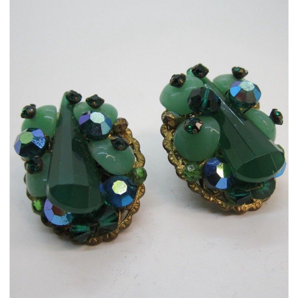Vintage Green Rhinestone Beaded Cluster Statement Clip On Earrings
